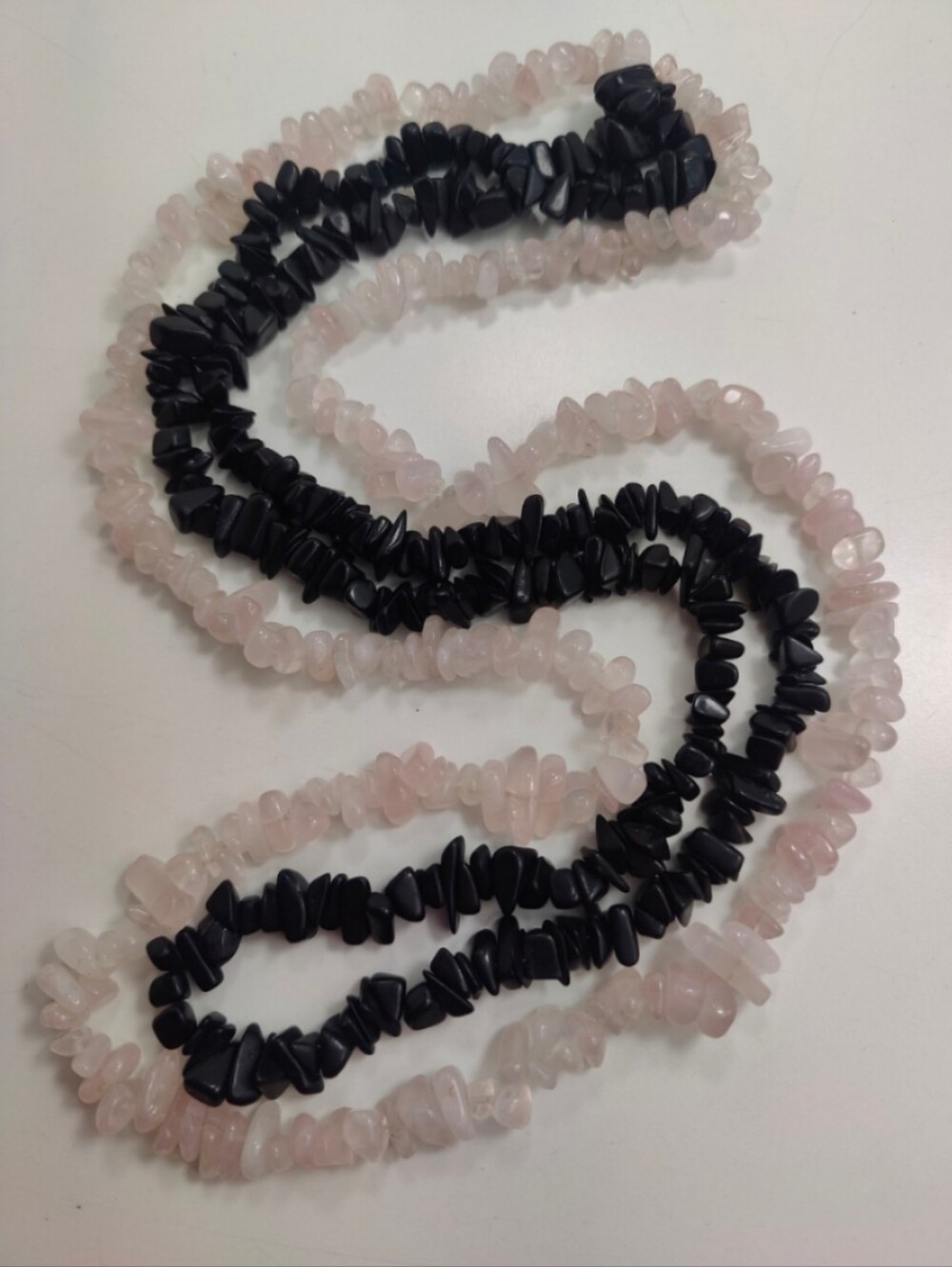 Rose Quartz & Black Obsidian Chip Bead Pullover Necklaces Set Boho Natural Stone